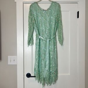 Vintage Laurence Kazar Mint Green Beaded Sequin Tie Waist Dress Large 100% Silk